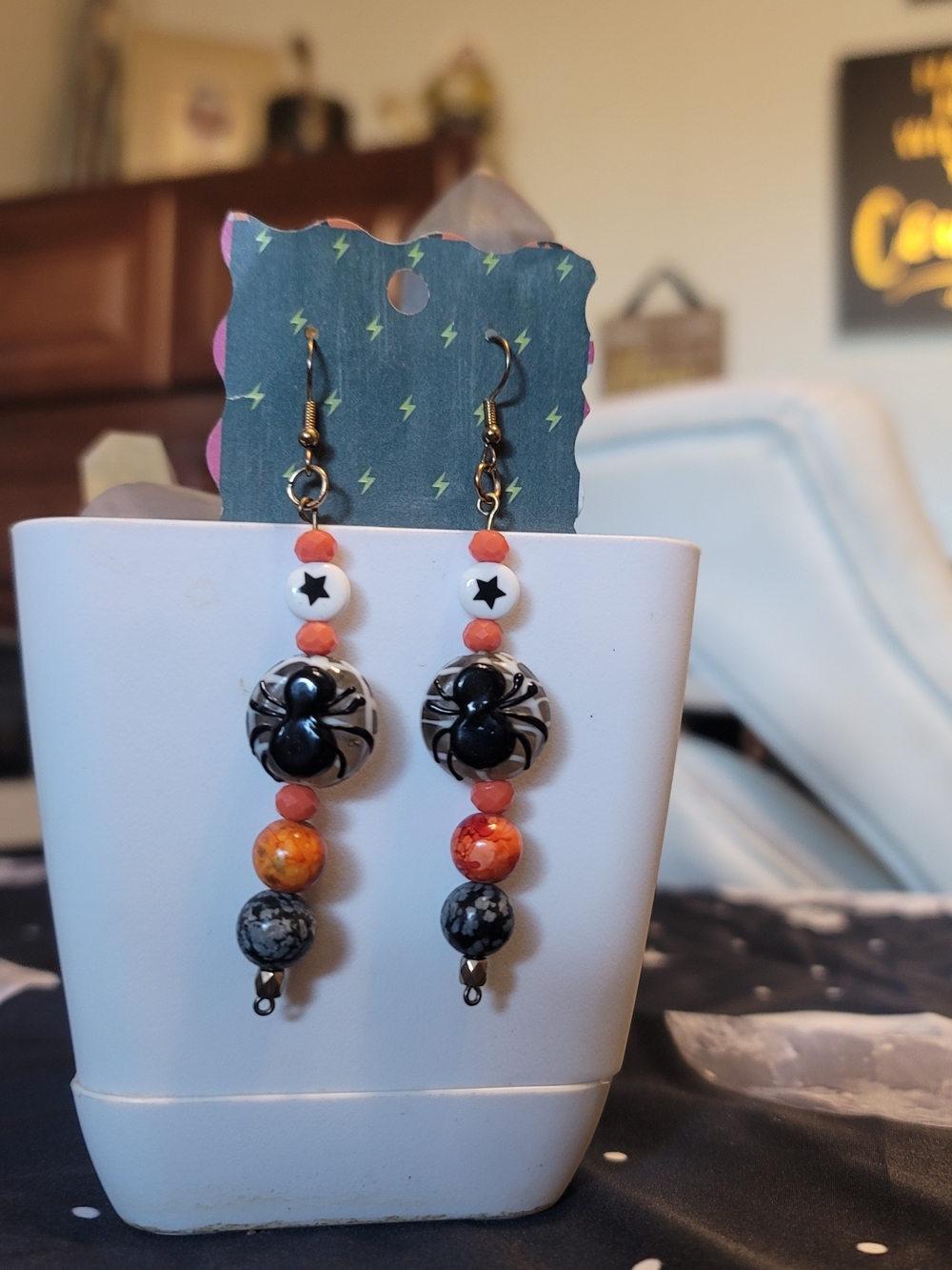 🔥3 For $25 Handmade Black Spider Bead Drop Earrings in Orange and White